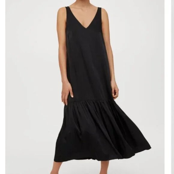H&M Black Satin V-neck Calf Length Sleeveless Ruffle Hem Midi Dress Medium - Picture 1 of 2